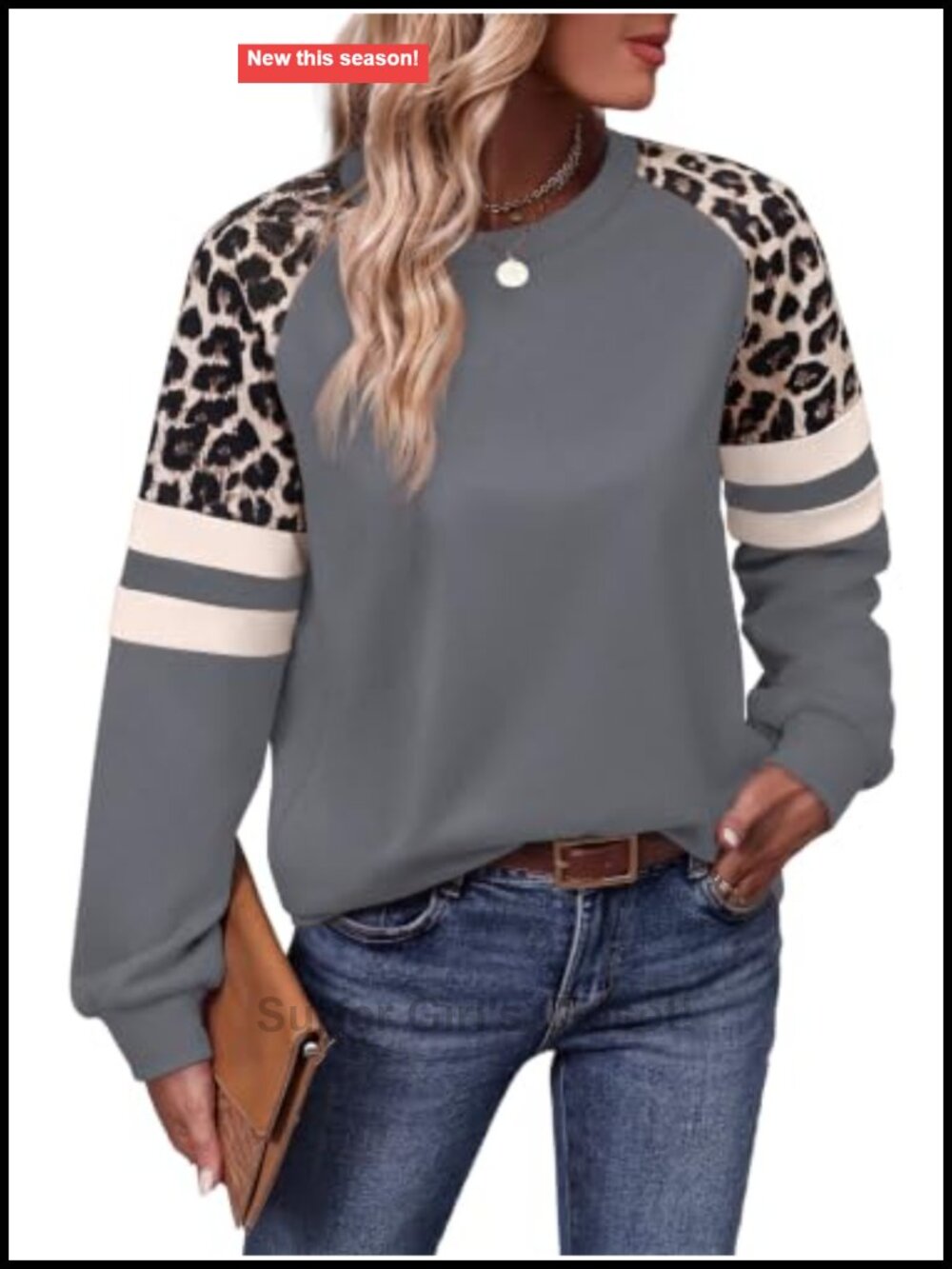 Womens Crewneck Sweatshirt Leopard Print Sleeve Loose Fit Tunic Top